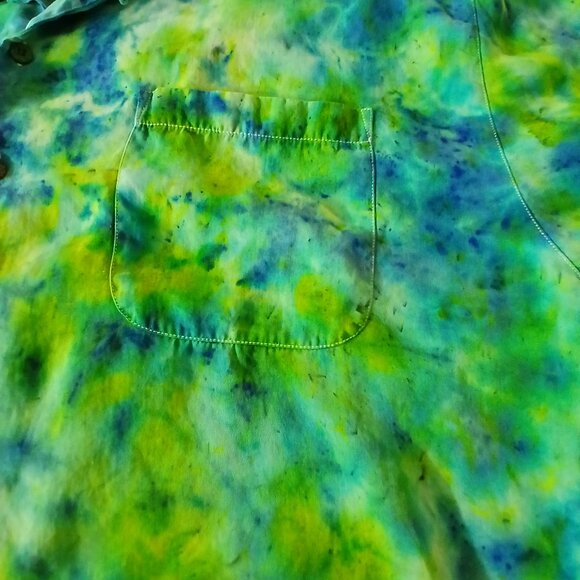 Tie Dyed Blue & Green 100% Silk Camp Shirt - Picture 5 of 7